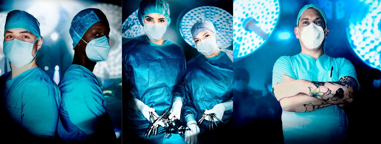 Zwei weibliche Pflegefachkräfte arbeiten in einem Tageslicht-OP. Eine Krankenschwester trägt einen grünen Kittel und eine grüne Haube, die Andere trägt einen blauen Kittel und eine pinke Haube und hält Op-Instrumente in der Hand. 