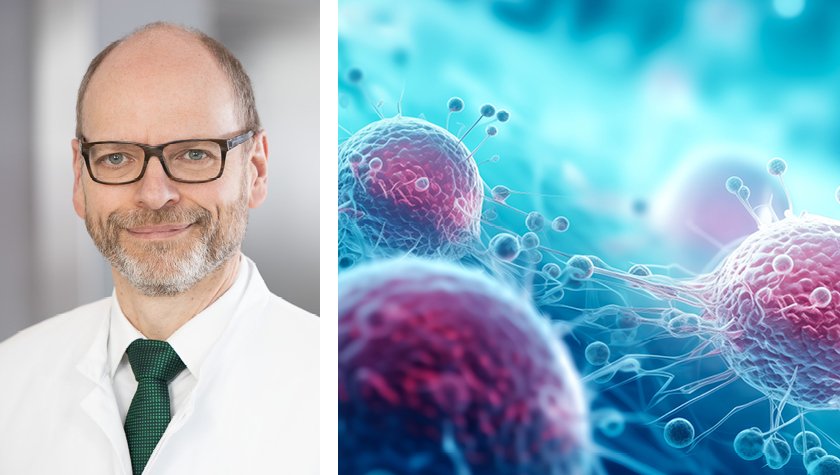 Dr. Peter Ritter neben einem Bild von Krebszellen