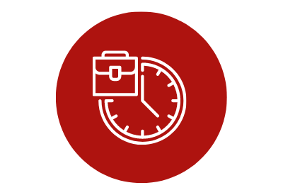 Rotes Icon mit weiß skizzierter Uhr im Mittelpunkt. Neben der Uhr befindet sich ein Arbeitskoffer.