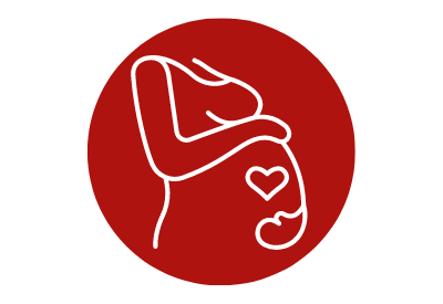  Weiße Silhouetten-Grafik einer schwangeren Frau mit Herz im Bauch, deren Hände den Bauch streicheln