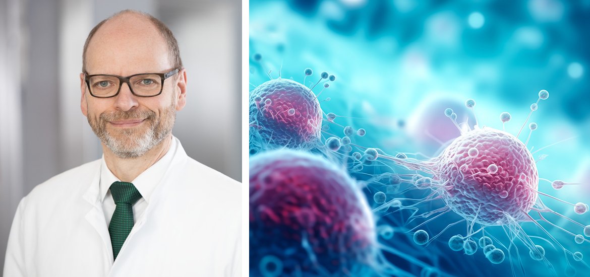 Dr. Peter Ritter neben einem Bild mit Krebszellen