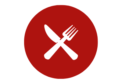 Rotes Icon mit weiß skizziertem Besteck. Eine Gabel und ein Messer kreuzen sich.