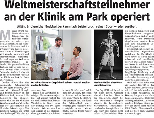 Zeitungsausschnitt eines Berichts mit der Überschrift "Weltmeisterschaftsteilnehmer an der Klinik am Park operiert".