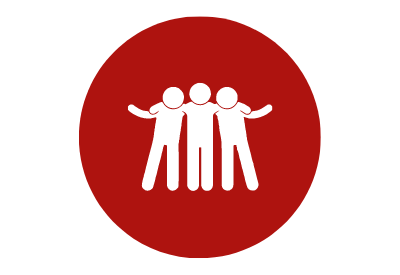 Rotes Icon mit drei skizzierten weißen Männchen, welche sich gegenseitig in den Arm nehmen