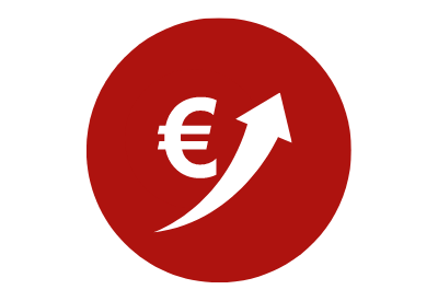 Rotes Icon, mit weißem EURO-Zeichen und Pfeil, welcher nach oben zeigt.